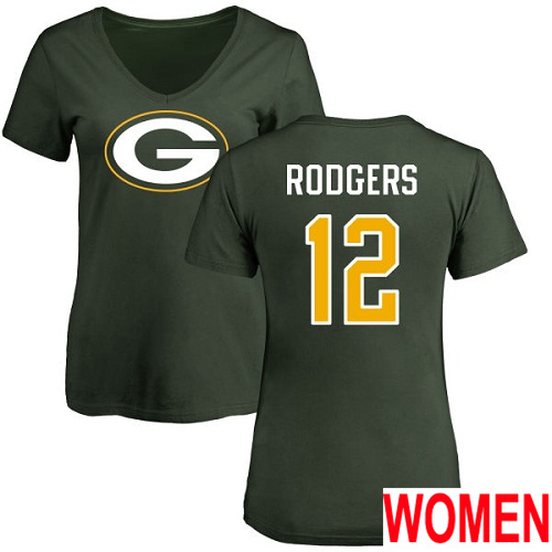 Green Bay Packers Green Women #12 Rodgers Aaron Name And Number Logo Nike NFL T Shirt